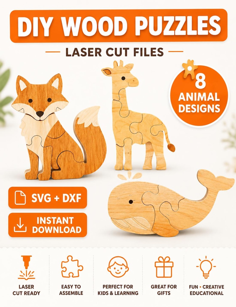 Animal puzzle SVG bundle with fox, giraffe and whale wooden jigsaw designs for laser cutting