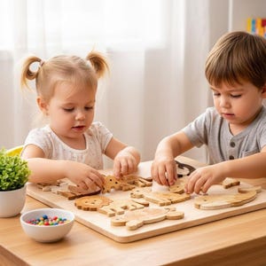 May include: Two young children are playing with a wooden animal puzzle on a light wood table. The puzzle pieces are shaped like various animals. A small potted plant and a bowl of colorful candies are also on the table.