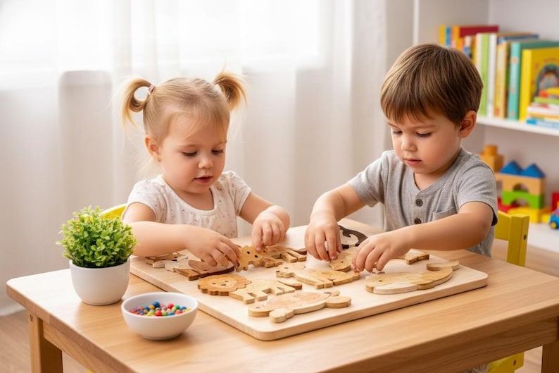 May include: Two young children are playing with a wooden animal puzzle on a light wood table. The puzzle pieces are shaped like various animals. A small potted plant and a bowl of colorful candies are also on the table.