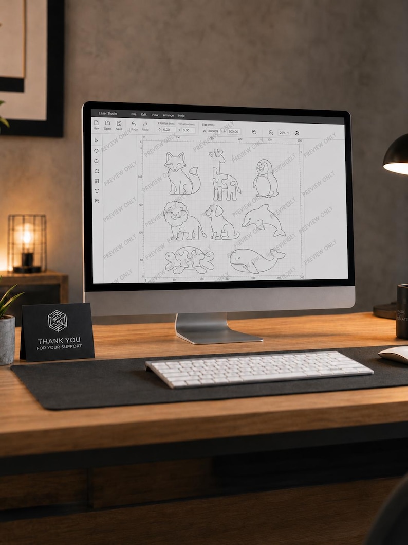 May include: A computer monitor displays a laser cutting design of various animals, including a fox, giraffe, penguin, lion, dog, dolphin, turtle, and whale. A keyboard and mouse sit on a desk. A card reads "THANK YOU FOR YOUR SUPPORT."