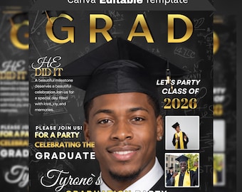 Invitación de graduación dorada de la Clase 2026, estilo revista editable, para fiesta de graduación de secundaria universitaria, para chicos negros, folleto de Canva DIY.