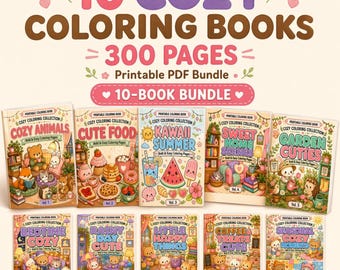 Paquete de libros para colorear acogedores, 300 páginas para colorear imprimibles para niños, carpeta de portafolio con animales adorables, producto digital.