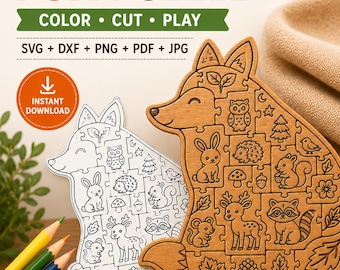 Rompecabezas de madera Montessori para actividades en el tablero / Archivo SVG de corte láser de zorrito y cocodrilo bebé / Páginas para colorear de producto digital
