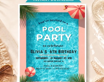Producto digital, folleto de cumpleaños para fiesta en la piscina, invitación "Es divertido cumplir un año", plantilla de Canva más vendida