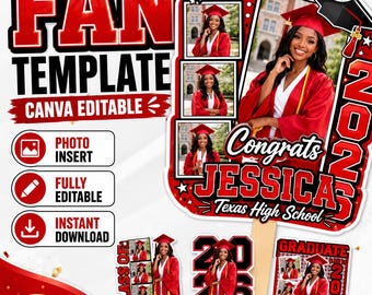 Plantilla editable de Canva para abanico de graduación roja 2026, diseños de abanico de pala de graduación Clase de 2026, inserto de fotos de abanico de graduado senior para descargar