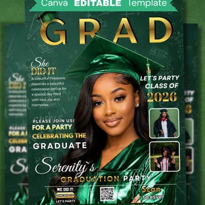 Puede incluir: Plantilla de volante de fiesta de graduación verde y dorada con una foto de una mujer con toga y birrete. El volante incluye la palabra "GRAD" en dorado, junto con detalles para la "Fiesta de graduación de Serenity" y la "Clase de 2026".