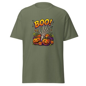 Boo Pumpkin Patch" Halloween T-shirt, pop art tee with skeleton hand, retro comic-style spooky top