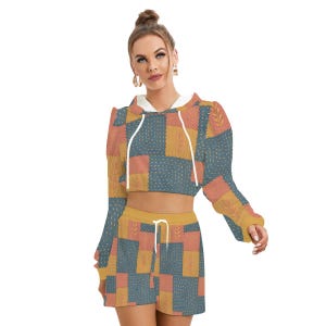 Kantha Embroidery Microfleece Hoodie and Shorts Set, Patchwork Co Ord Loungewear, Colorful Fuzzy Paj