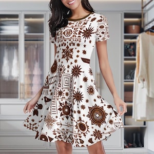 Vestido de Manga Corta con Estampado Patchwork Étnico – Vestido de Verano Casual para Mujer con Estampado Integral Artístico