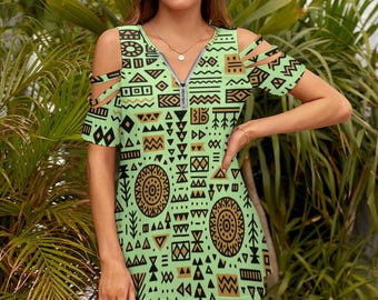 Off-the-shoulder top met rits en geometrische tribalprint — Moderne etnische blouse — Boho festivaloutfit, cadeau voor haar