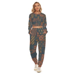 Patchwork Kantha Embroidery Cropped Sweatshirt Set, Colorful Boho Co Ord Loungewear, Upcycled Style Matching Sweatpants Set,Cozy Lounge Wear