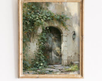 Arte de parede vintage com portal de pedra arqueado e hera trepadeira, decoração rústica estilo cottagecore, paisagem europeia melancólica, download digital para impressão 687