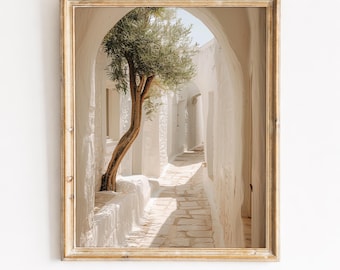 Dziedziniec śródziemnomorski do druku – grecka wyspa, słoneczna alejka, przejście między drzewami oliwnymi, rustykalny wystrój nadmorski, pobieranie cyfrowe 219