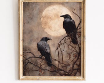 Humeurige gotische raven in maanlicht - afdrukbare vintage stijl nachtscène, spookachtige muurkunst met mistige sfeer, digitale downloadkunst 645
