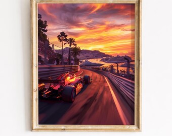 Póster de la zona de boxes de la Fórmula 1, póster de carreras de Mónaco, decoración deportiva de lujo, descarga imprimible.