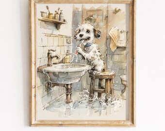 Illustrazione vintage di un cucciolo al lavandino - Incantevole stampa artistica da parete, graziosa scena ad acquerello, decorazione innocente e giocosa, download digitale 276