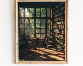 Cuadro de interior de librería vintage, acogedor rincón de lectura bañado por el sol, sala de lectura con ambiente íntimo, arte digital imprimible, antiguo, descarga instantánea 231