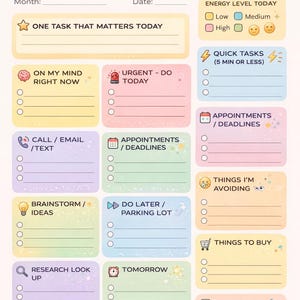 Puede incluir: Un planificador colorido de "ADHD Brain Dump" con secciones para tareas, citas y niveles de energía. El planificador incluye indicaciones como "Una tarea que importa hoy" y "Cosas para comprar", diseñado para organizar pensamientos y priorizar actividades.
