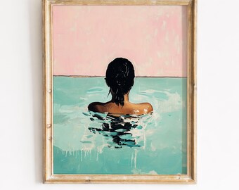 Sztuka afroamerykańska – obraz portretowy w stylu vintage przy basenie, spokojny, letni nastrój, dekoracja ścienna do druku, minimalistyczny, pobieranie cyfrowe 194