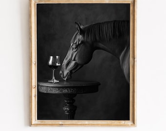 Moody Horse and Wine Glass Art - Dramatic Black-and-White Fine Art Photography, Elegant Surreal Wall Decor, Printable Digital Download 297