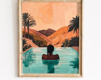 Arte afroamericano imprimible - Póster vintage de una mujer en una piscina al atardecer, decoración retro de oasis en el desierto, paisaje cálido y melancólico, descarga digital 192