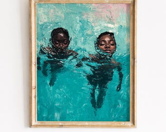 African American Women Swimming Art Print – Turquoise Water, Figurative Painting (Digital Download)