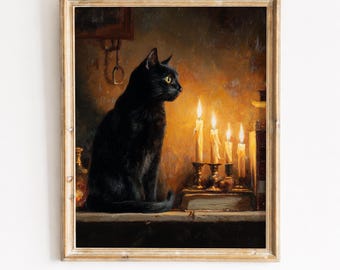 Stimmungsvolle schwarze Katze vor Kerzenlicht - Vintage Kunst, Gruselige Herbst Dekoration, gemütliches Cottagecore Bild, druckbare Download Kunst 654