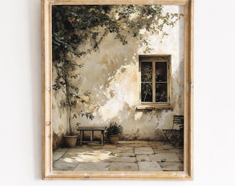 Rustic Mediterranean Patio Painting – Vintage Stucco Wall Art (Digital Download)