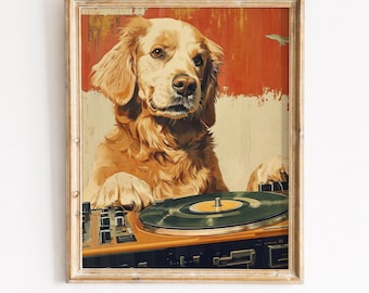 Arte de DJ Golden Retriever – Póster retro de perro, diseño de disco de vinilo (descarga digital)
