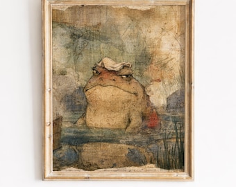 Rustic Grumpy Frog in Hot Spring Print - Cozy Cottagecore Wall Art, Cute Watercolor Illustration, Vintage Style Digital Download 673