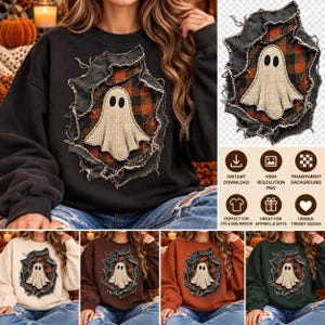 May include: A black long-sleeve sweatshirt featuring a central graphic of a beige ghost centred over an orange and black plaid pattern, framed by a distressed, frayed dark fabric border that creates a layered, torn-effect appearance.