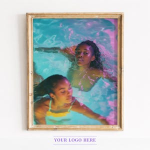 Moody Neon Pool Scene Print - Two Women Swimming at Dusk, Summery Teal magenta Reflections, Dreamy Printable Wall Art, Digital Download 176