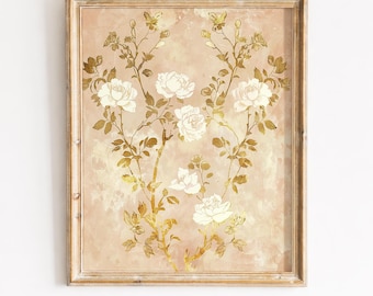 Chinoiserie Wall Art Digital Download | Antique Chinese Wallpaper Print | Vintage Asian Floral Bird Decor | Elegant Neutral Home Art