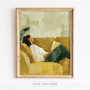 May include: A framed art print depicts a person reclining on a yellow sofa, engrossed in a book. The person wears a white shirt and green pants. The background features abstract brushstrokes in shades of yellow and green. The frame is a light brown color.