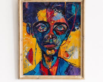 Mutiges, mutiges Afro Portrait - Ausdrucksstarke abstrakte Kunst, Bunt strukturiertes Gemälde, Mixed Media Wanddruck, sofort verfügbar