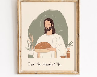 Jesus Holding Bread Art Print – Farmhouse Kitchen Religious Decor (Digital Download)