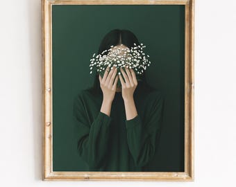 Impression portrait de femme de mauvaise humeur - Gypsophile, art contemporain vert émeraude (téléchargement numérique)