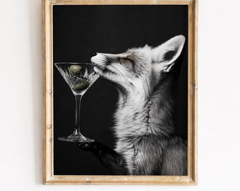 Moody Fox and Martini Printable Artwork - Quirky Modern Wall Art, Sophisticated Minimalist Decor, Photorealistic Black & White Print 296