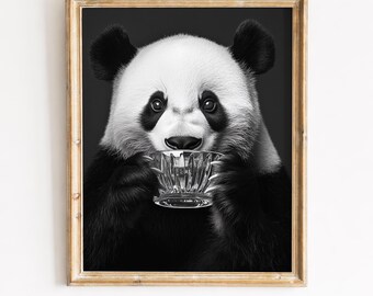 Ritratto di panda stampabile - Simpatica arte moderna in scala di grigi, decorazione minimalista e giocosa, affascinante download digitale in bianco e nero, parete neutra 299