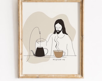 Lámina decorativa minimalista con diseño de café y la imagen de Jesús – Decoración minimalista para la pared de la cocina (Descarga digital)