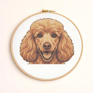 May include: A cross-stitch embroidery of a poodle's face, framed in a wooden hoop. The poodle has light brown fur and is smiling with its tongue visible. The background is white.