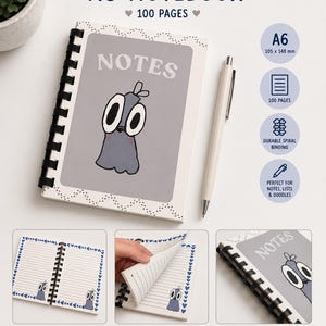 Può includere: Un taccuino A6 di 105 x 148 mm con copertina grigia, un'illustrazione di un uccellino in stile cartoon e la scritta NOTES. Include 100 pagine, rilegatura a spirale nera e una penna bianca. Le pagine interne sono a righe con bordo blu.