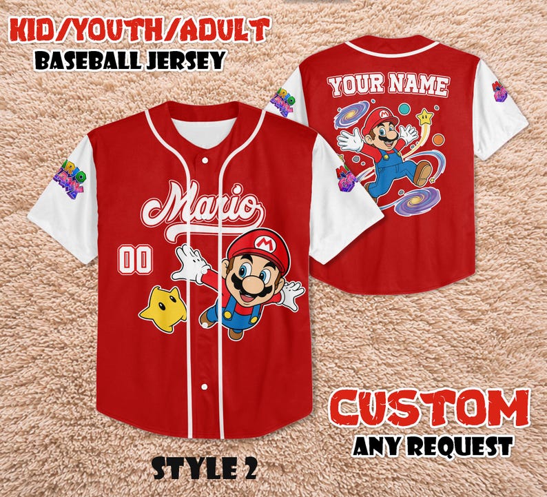 Spersonalizowana koszulka baseballowa Mario Galaxy, spersonalizowany strój z filmu Mario, odzież Nintendo Theme Park zdjęcie 3