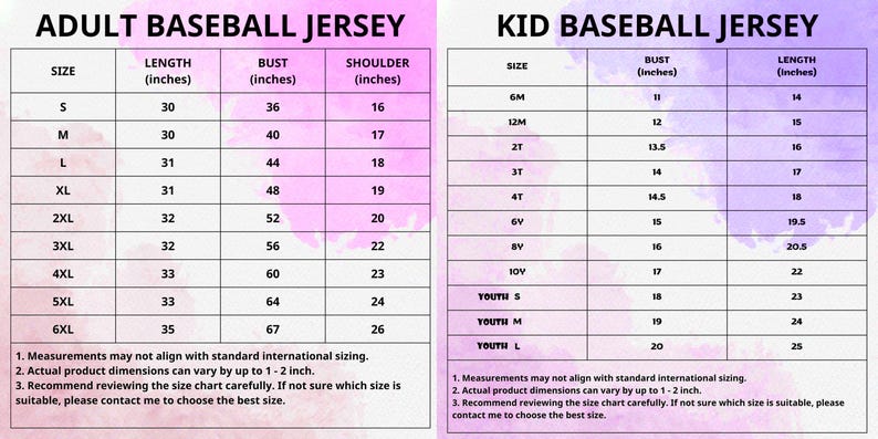 Może przedstawiać: Szczeg&oacute;łowe tabele rozmiar&oacute;w koszulek baseballowych dla dorosłych i dzieci. Tabela dla dorosłych zawiera rozmiary od S do 6XL, z wymiarami w calach dla długości, biustu i ramion. Tabela dla dzieci zawiera rozmiary od 6M do Youth L.