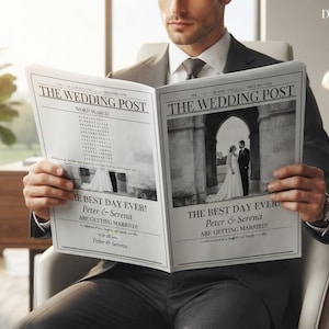 May include: A black and white newspaper titled The Wedding Post featuring a word search puzzle and a photograph of a couple standing under an archway. The text reads The Best Day Ever! Peter & Serena Are Getting Married! with additional text below.