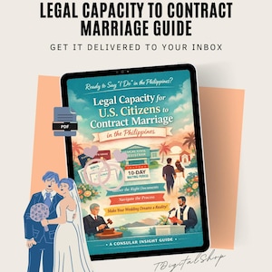 Puede incluir: Una guía digital titulada "Legal Capacity for U.S. Citizens to Contract Marriage in the Philippines." La imagen muestra una tableta con ilustraciones de boda y texto. La guía está diseñada para ayudar a navegar por el proceso.