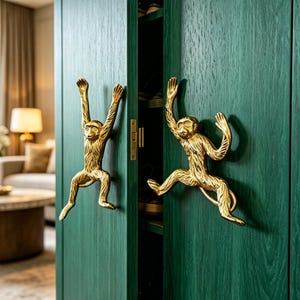 May include: A tall, dark green wooden cabinet featuring two doors with prominent gold-colored monkey-shaped handles. The handles are sculpted in the form of monkeys with textured fur details, each positioned as if climbing the vertical surface of the doors.