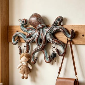 Vintage Iron Octopus Wall Hook | Rustic Handmade Home Decor, Entryway & Bathroom Accent, Garden Art, Unique European Style