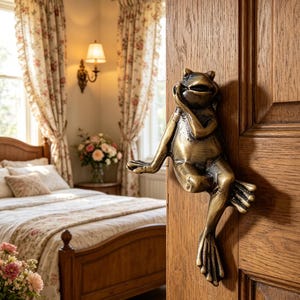 May include: A bronze-colored frog door knocker mounted on a wooden door. The frog is in a relaxed pose, with one hand on its cheek. The door is part of a bedroom with floral curtains and a bed with a floral patterned comforter.