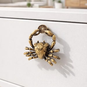 Handmade Fortune Coin Crab Brass Door Handle | Lucky Cabinet Pull | Nautical & Feng Shui Decor
